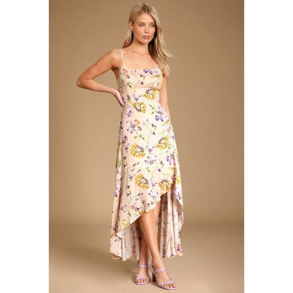Lulus Bright Blossoms Blush Pink Floral Print High-low Maxi Dress - Size S